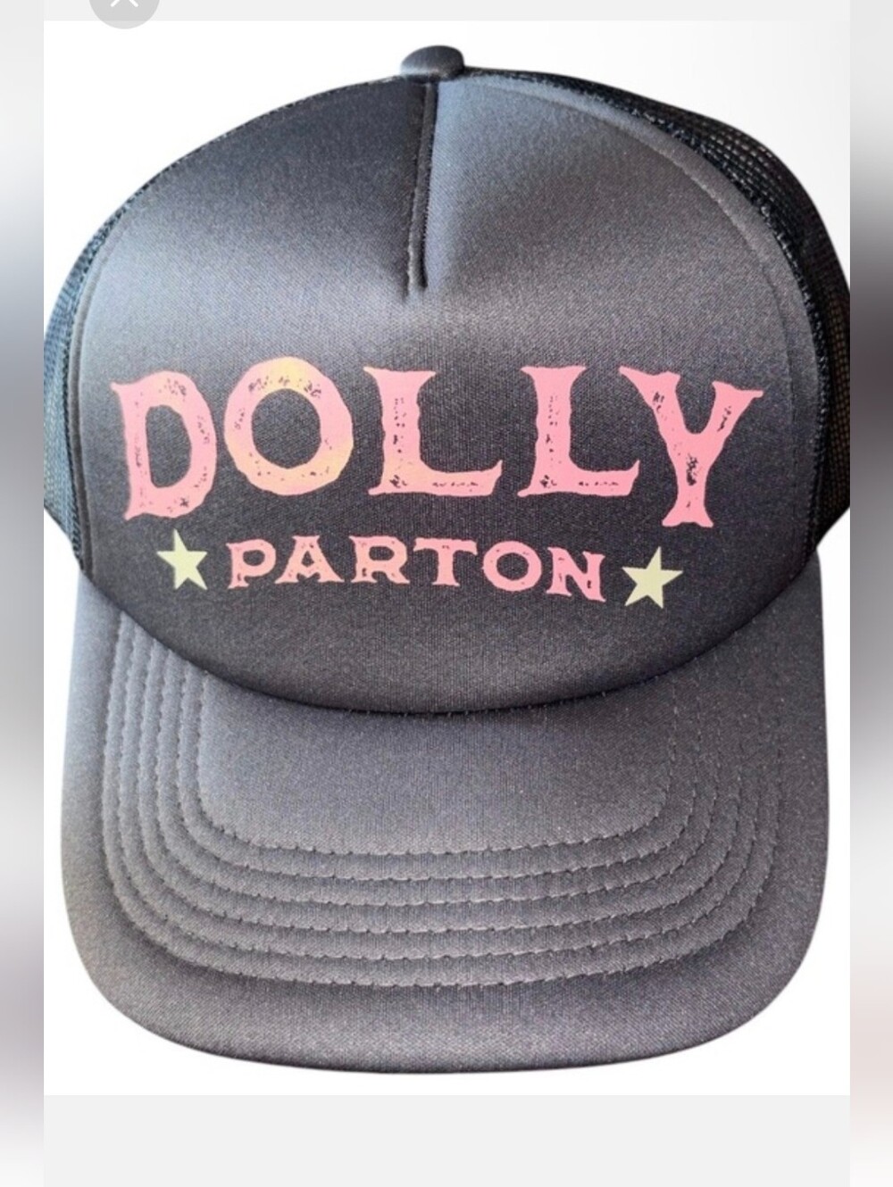 NWT DOLLY PARTON TUCKER CAP WITH BLACK MESH BACK & SOLID BLACK FRONT WITH DISTRE